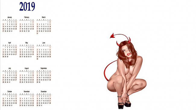 Обои картинки фото календари, фэнтези, рога, хвост, взгляд, девушка