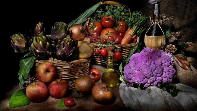 Обои картинки фото еда, фрукты и овощи вместе, яблоки, помидоры, капуста, артишок, лук