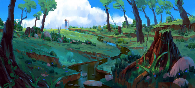 Обои картинки фото рисованное, денис истомин, девочка, ручей, облака, деревья, пень