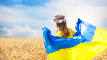 обоя разное, дети, украинский, флаг, поле, пшеница, девочка