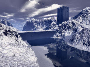 Картинка 3д графика nature landscape природа горы снег башня вода