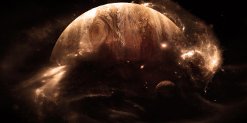 Картинка космос арт планета газовый гигант спутник свет звезды