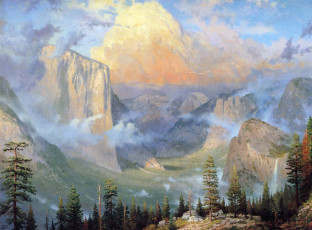 обоя yosemite, valley, artists, point, рисованные, thomas, kinkade, природа, лес, горы