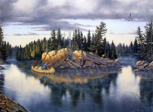 Картинка northland splendor рисованные derk hansen рыбаки лодка река