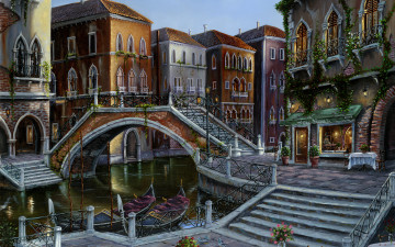 Картинка venician sunrise рисованные robert finale мост венеция италия город дома канал гондола