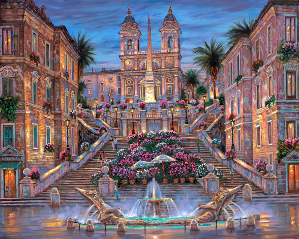 Обои картинки фото rome, the, spanish, steps, рисованные, robert, finale, рим, италия, лестнины, фонтан