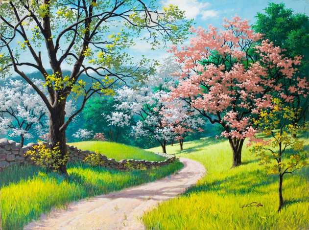 Обои картинки фото spring, blossoms, рисованные, arthur, saron, sarnoff, весна, деревья, цветы