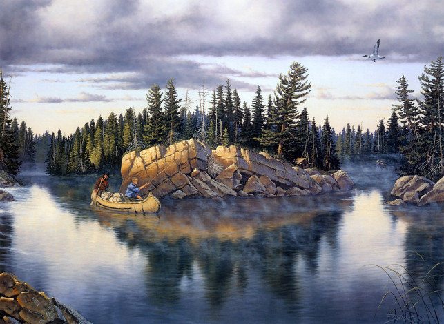 Обои картинки фото northland, splendor, рисованные, derk, hansen, рыбаки, лодка, река