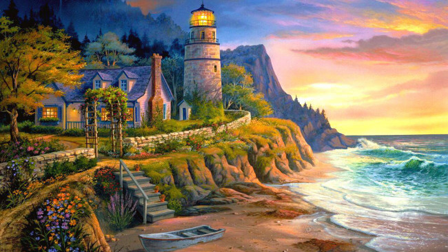 Обои картинки фото lighting, the, way, рисованные, michael, humphries, маяк, дом, море, лодка, берег