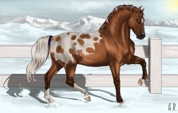 Картинка рисованные животные сказочные мифические забор снег лошадь