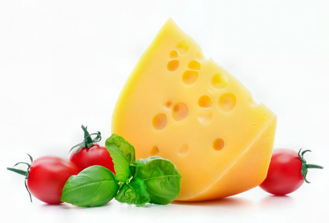 Обои картинки фото еда, сырные, изделия, сыр, помидоры, зелень