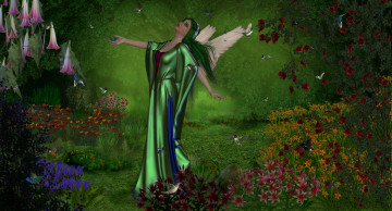 Картинка 3д+графика эльфы+ elves птицы цветы крылья поляна взгляд эльфийка