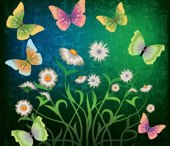 Обои картинки фото векторная графика, животные, flowers, butterflies, grunge, abstract, цветы, бабочки, green, design