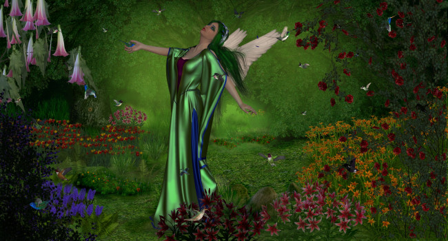 Обои картинки фото 3д графика, эльфы , elves, птицы, цветы, крылья, поляна, взгляд, эльфийка