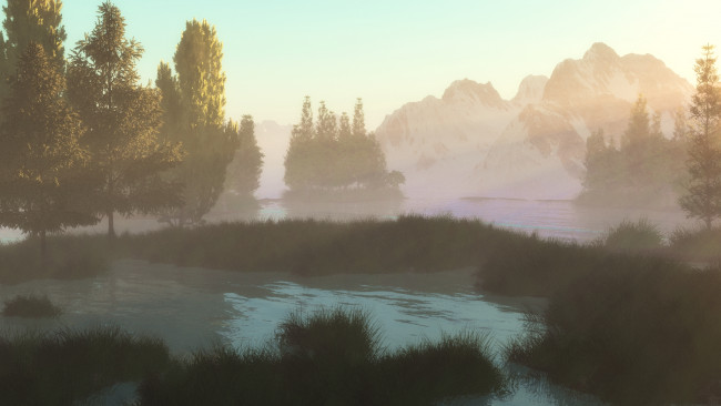 Обои картинки фото 3д графика, природа , nature, утро, туман, деревья