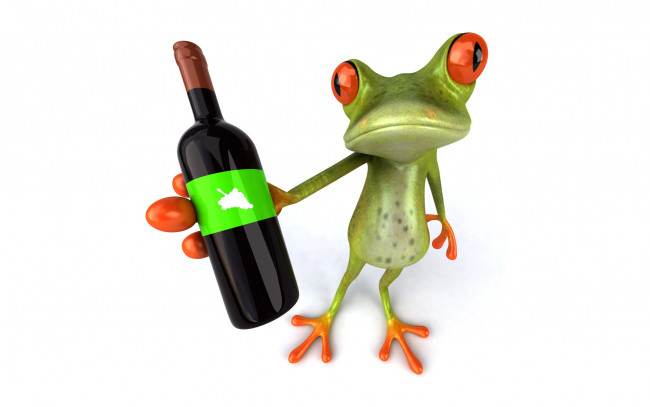 Обои картинки фото 3д графика, юмор , humor, вино, графика, бутылка, лягушка, free, frog