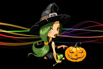 обоя праздничные, хэллоуин, зеленые, волосы, сидит, шляпа, ведьма, черный, фон, светильник, джека, тыква, линии