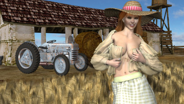 Картинка 3д+графика люди+ people сарай шляпа трактор фермер фон взгляд девушка сено