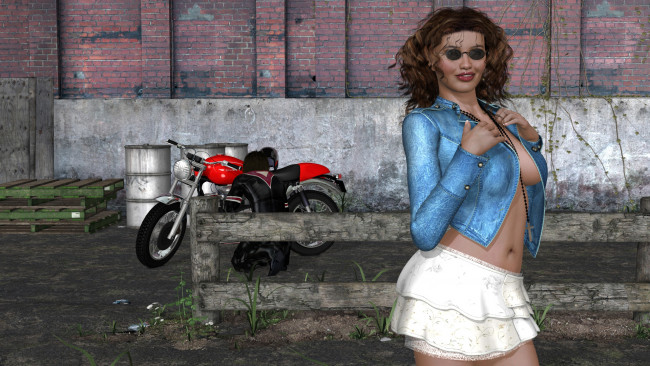Обои картинки фото 3д графика, люди , people, мотоцикл, мотоциклист, фон, взгляд, девушка