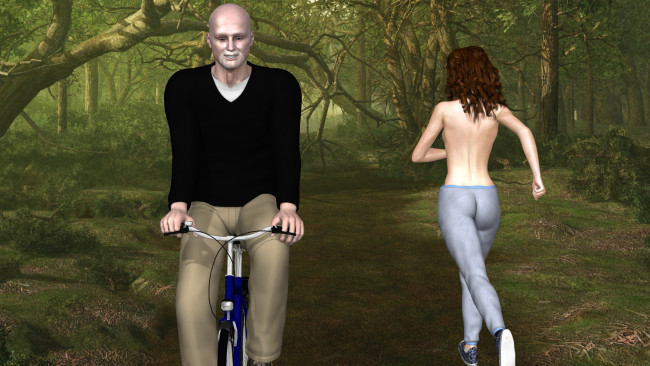 Обои картинки фото 3д графика, люди , people, велосипед, парк, мужчина, девушка
