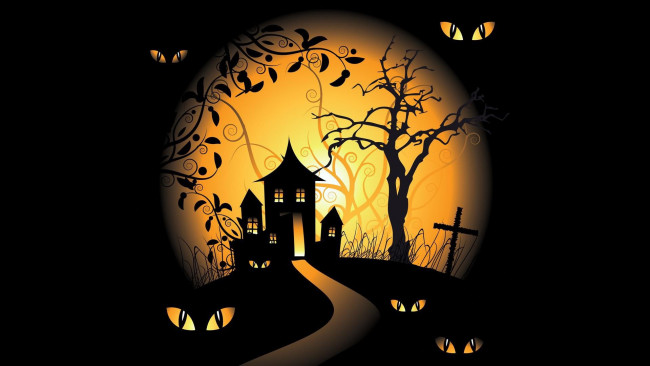 Обои картинки фото праздничные, хэллоуин, trees, eyes, moon, halloween, spooky, graveyards, scary, house, holiday, black, background, vector, art