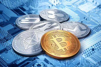 Картинка разное золото +купюры +монеты monero ethereum litecoin ripple bitcoin dash
