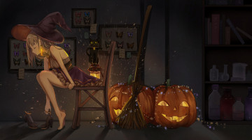 Картинка аниме магия +колдовство +halloween halloween колдовство черный кот светильник джека black cat witch склянки шляпа ведьмы ведьмочка черная
