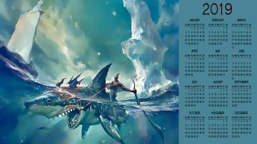 обоя календари, фэнтези, акула, вода