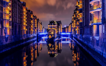 Картинка города гамбург+ германия огни канал ночь