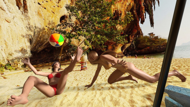 Обои картинки фото 3д графика, спорт , sport, фон, взгляд, девушки, мяч, песок