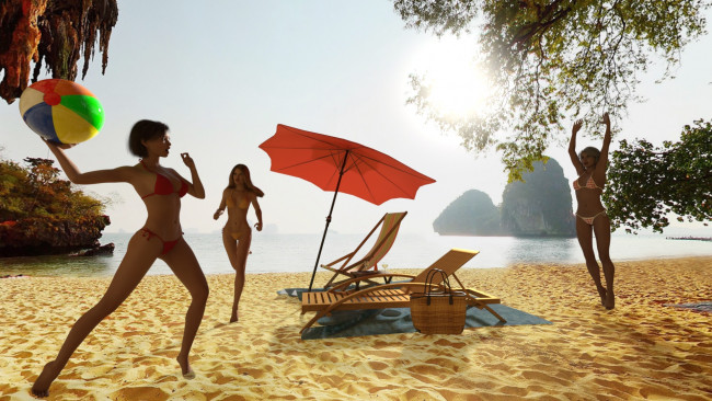 Обои картинки фото 3д графика, спорт , sport, взгляд, девушки, море, зонт, фон, пляж, мяч, песок