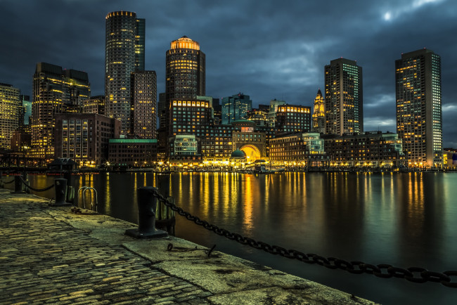 Обои картинки фото города, бостон , сша, река, вечер, небоскребы, туман
