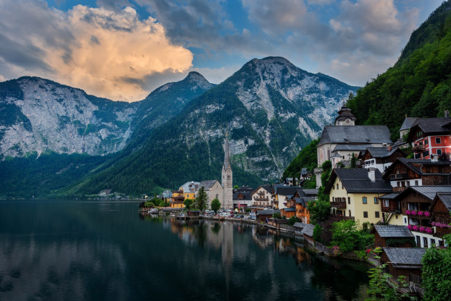 Обои картинки фото города, гальштат , австрия, отражение, облака, горы, озеро