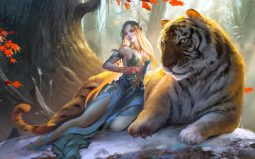 обоя фэнтези, красавицы и чудовища, девушка, тигр, дерево