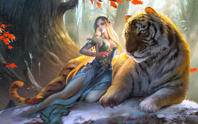 Обои картинки фото фэнтези, красавицы и чудовища, девушка, тигр, дерево