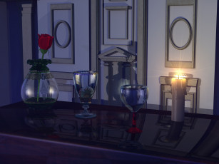 Картинка 3д графика realism реализм бокалы стол цветок ваза