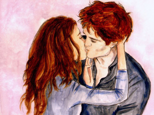 обоя рисованные, люди, эдвард, сумерки, поцелуй, белла