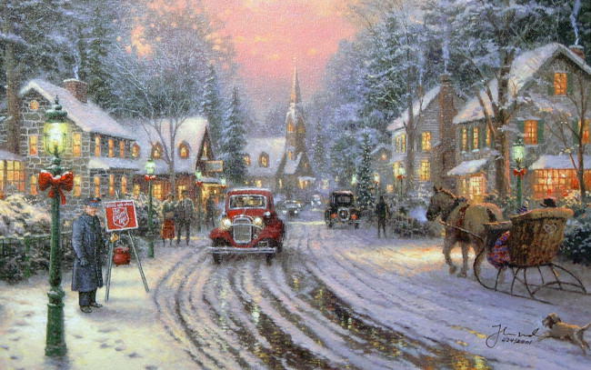 Обои картинки фото thomas, kinkade, рисованные, город, дорога, авто, сани, лошадь, рождество, дома, снег, зима