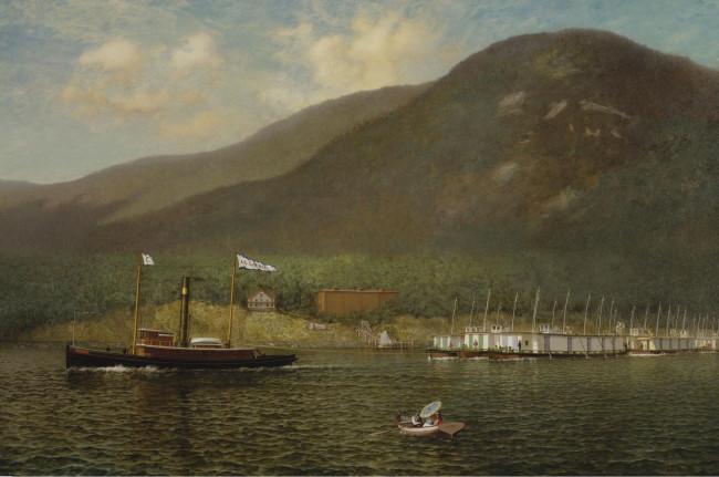 Обои картинки фото james, gale, tyler, рисованные, пейзаж, горы, река, лодка, буксир, корабль