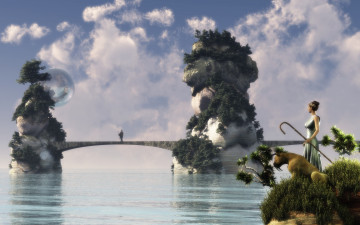 Картинка 3д графика fantasy фантазия животное мост девушка небо человек вода