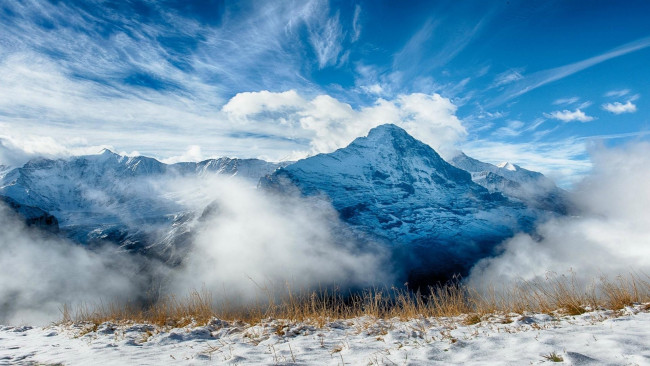 Обои картинки фото природа, горы, трава, снег, небо