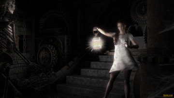 Картинка 3д+графика fantasy+ фантазия девушка фонарь скелет страх