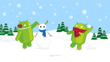 обоя компьютеры, android, ели, снеговик, снег