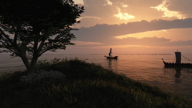 Обои картинки фото 3д графика, nature, landscape , природа, лодки, дерево, море, облака
