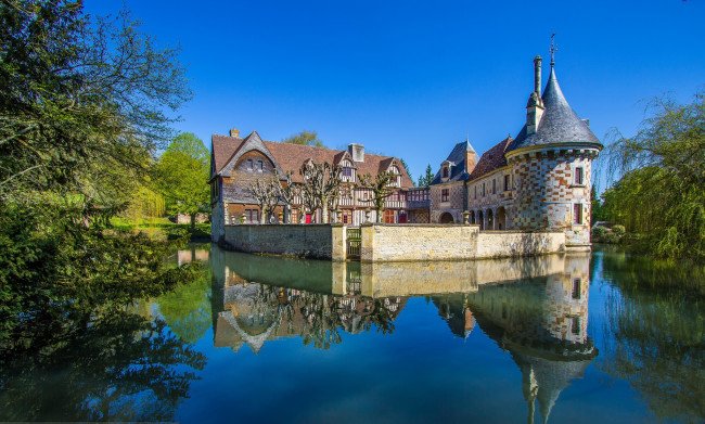 Обои картинки фото normandy - france, города, - дворцы,  замки,  крепости, пруд, отражение, замок, парк