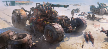 Картинка фэнтези транспортные+средства стимпанк пустыня будущее мастерская ремонтная боевые автомобили