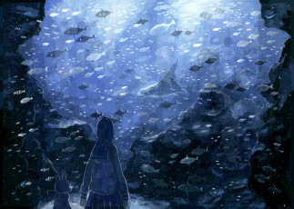 Картинка аниме животные +существа рыбки аквариум свитер девочка nomiya