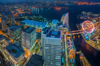 Картинка города йокогама+ Япония небоскрёбы здания ночной город токийский залив панорама иокогама минато мирай 21 tokyo bay japan yokohama minato mirai