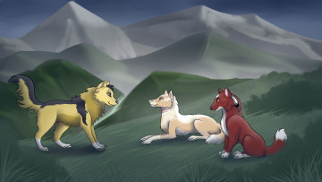 Картинка рисованное животные +собаки луг горы собаки