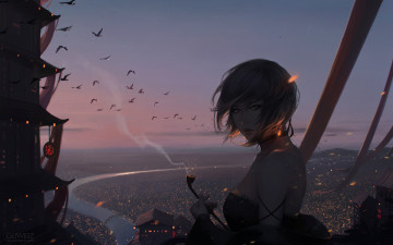 Картинка фэнтези девушки трубка вечер город девушка небо огни